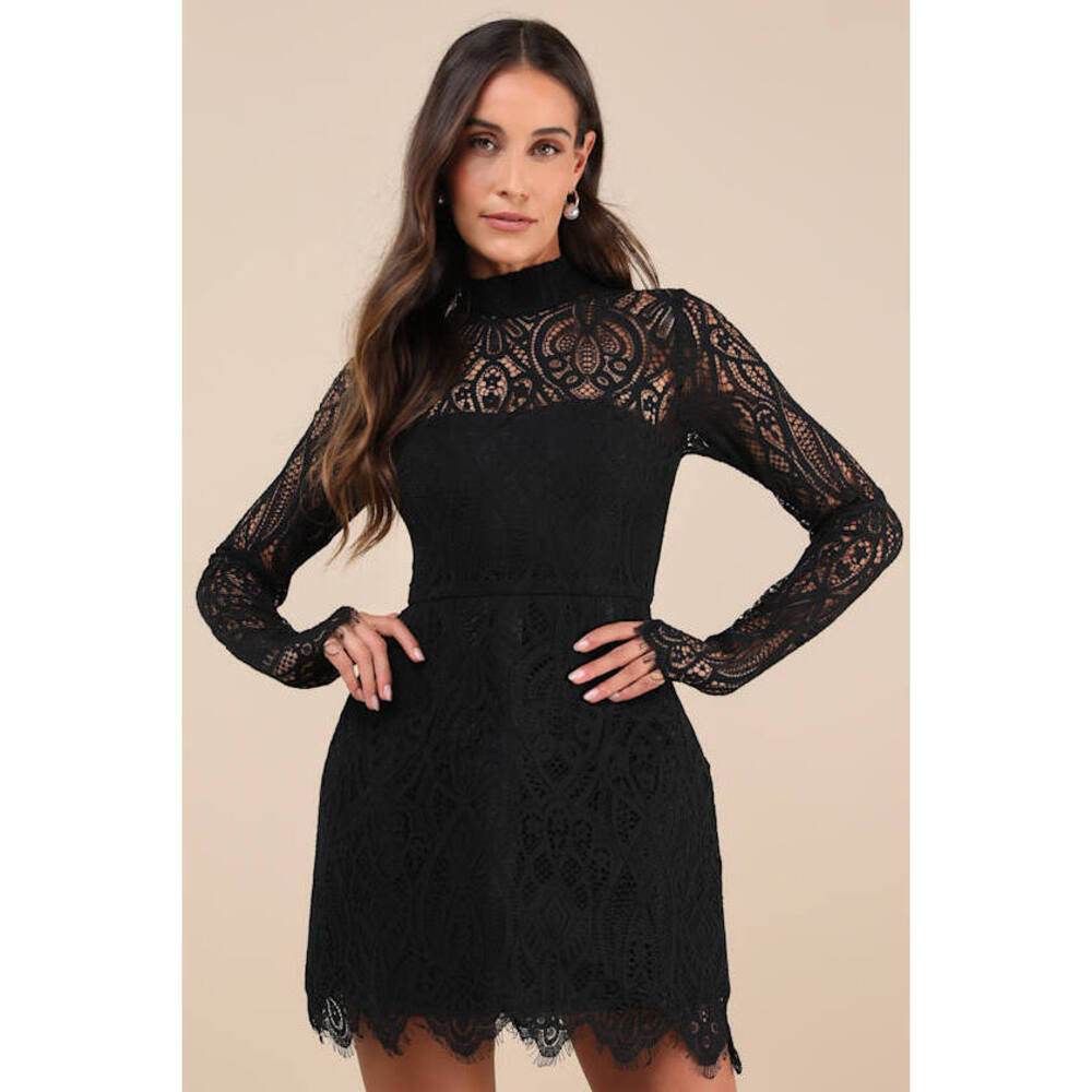Lulus Gorgeous Attraction Black Lace Structured Long Sleeve Mini Dress